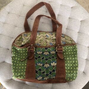 Vintage Fossil Green floral and leather over night bag, XL purse